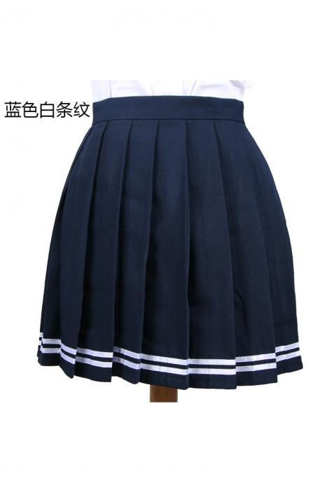 Girls High Waist Pleated Skirt Anime Cosplay School Uniform JK Student Girls Solid A Line Mini Skirt navy blue+white