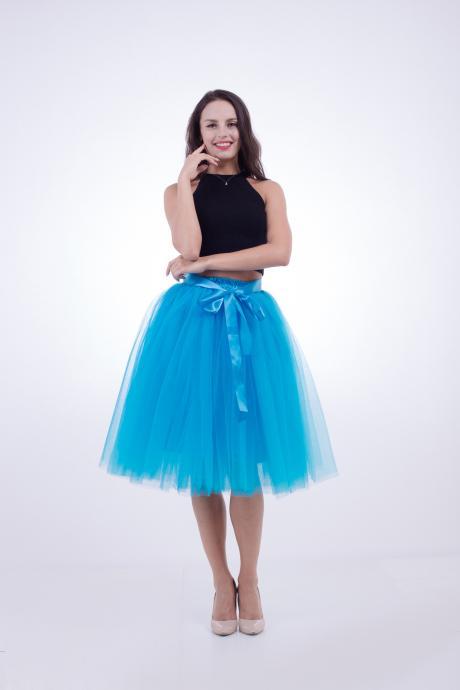 6 Layers Midi Tulle Skirts Womens Tutu Skirt Elegant Wedding Bridal Bridesmaid Skirt Lolita Underskirt Petticoat blue
