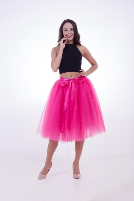 6 Layers Midi Tulle Skirts Womens Tutu Skirt Elegant Wedding Bridal Bridesmaid Skirt Lolita Underskirt Petticoat hot pink
