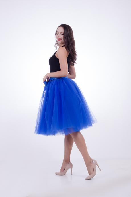 6 Layers Midi Tulle Skirts Womens Tutu Skirt Elegant Wedding Bridal Bridesmaid Skirt Lolita Underskirt Petticoat royal blue
