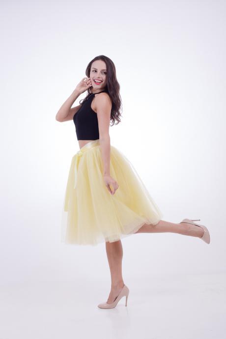  6 Layers Midi Tulle Skirts Womens Tutu Skirt Elegant Wedding Bridal Bridesmaid Skirt Lolita Underskirt Petticoat yellow