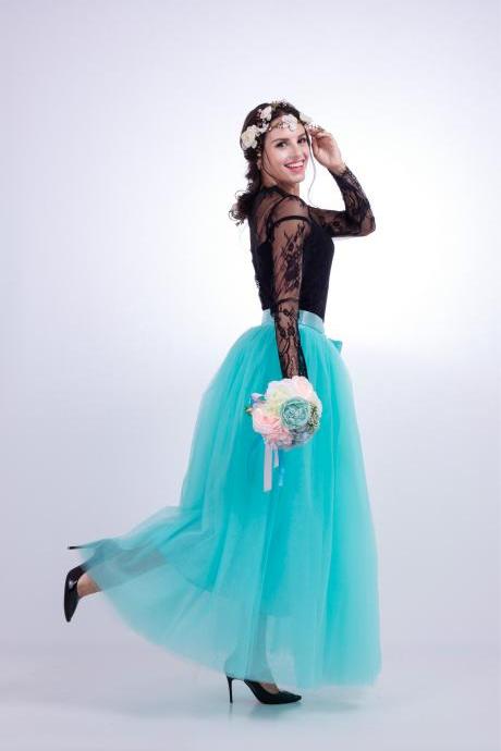  6 Layers Tulle Skirt Summer Maxi Long Muslim Skirt Womens Elastic Waist Lolita Tutu Skirts aqua