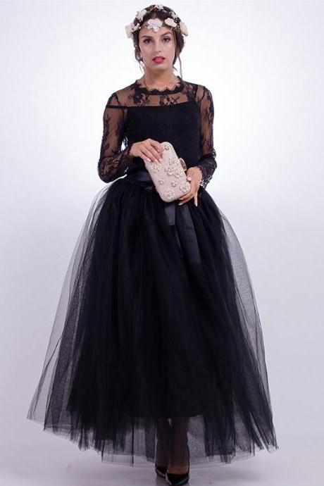 6 Layers Tulle Skirt Summer Maxi Long Muslim Skirt Womens Elastic Waist Lolita Tutu Skirts Black