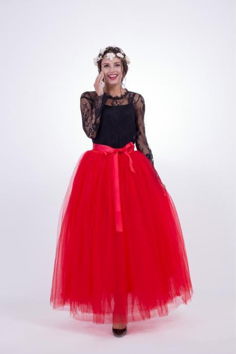 6 Layers Tulle Skirt Summer Maxi Long Muslim Skirt Womens Elastic Waist Lolita Tutu Skirts red