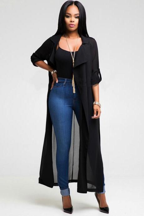 Fashion Spring Autumn Women Long Sleeve Side Split Maxi Coat Extra Long Trendy Chiffon Belted Cardigan Long Blouse black
