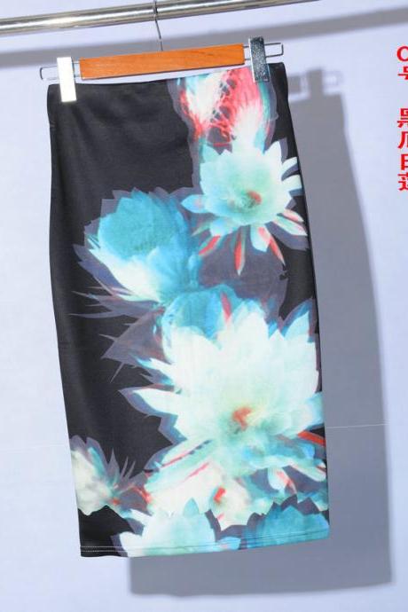 Womens Knee Length Sexy Midi Skirts Mermaid Floral Print High Waist Pencil Skirt Slim Bodycon Elastic Skirts 5#