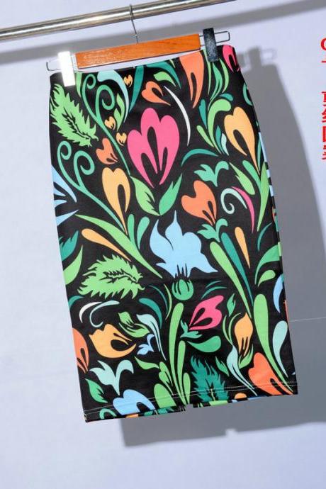 Womens Knee Length Sexy Midi Skirts Mermaid Floral Print High Waist Pencil Skirt Slim Bodycon Elastic Skirts 9#