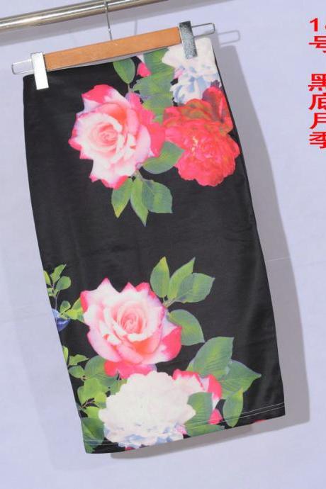 Womens Knee Length Sexy Midi Skirts Mermaid Floral Print High Waist Pencil Skirt Slim Bodycon Elastic Skirts 16# 