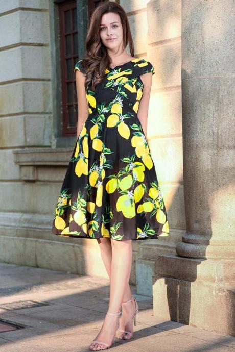 Vintage 50s 60s Floral Printed Women Cusual Dress Cross V-Neck Cap Sleeve Rockabilly Pinup Big Swing A Line Short Party Dress C851-black