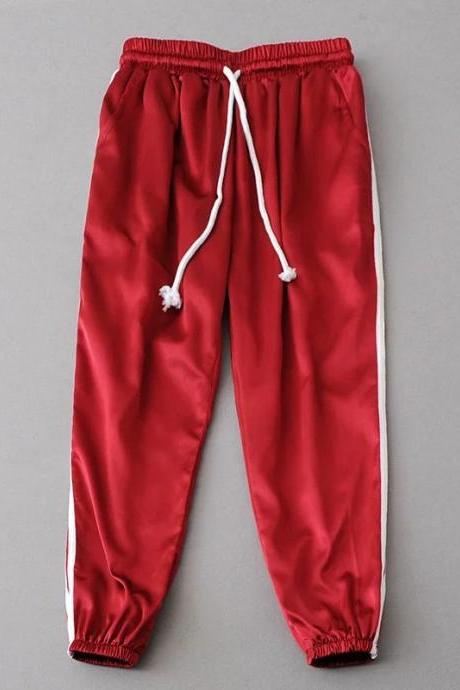 Red Casual Trousers, Joggers, Sweatpants with Side White Stripe