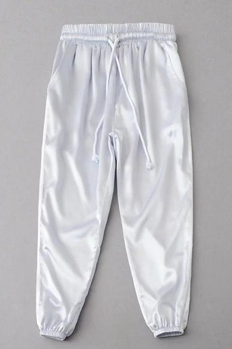 Silver High Waist Drawstring Casual Joggers, Sweatpants, Sports Pants