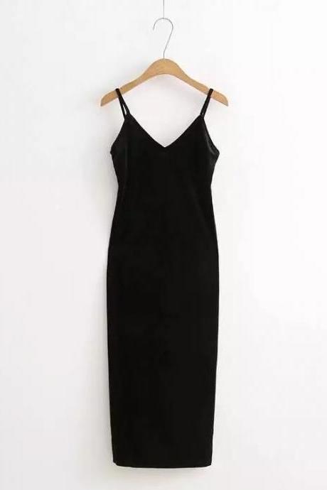 Sexy Velvet Cami Dress Slim Backless V-neck Spaghetti Strap Evening Party Robe Side Split Long Dress Black