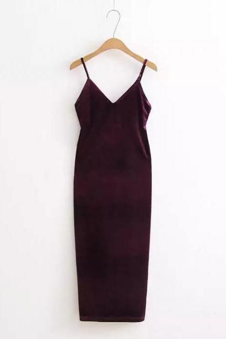 Sexy Velvet Cami Dress Slim Backless V-neck Spaghetti Strap Evening Party Robe Side Split Long Dress Dark Purple