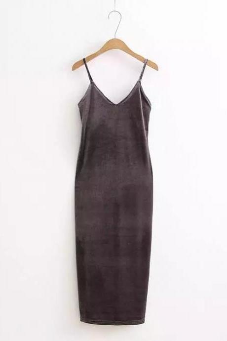 Sexy Velvet Cami Dress Slim Backless V-neck Spaghetti Strap Evening Party Robe Side Split Long Dress Gray