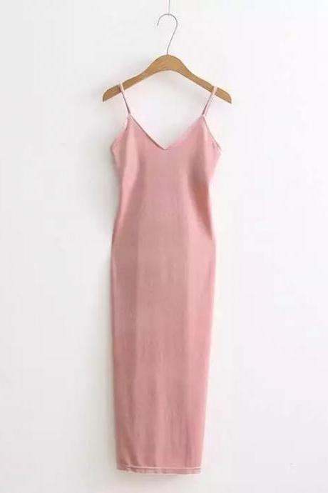 Sexy Velvet Cami Dress Slim Backless V-Neck Spaghetti Strap Evening Party Robe Side Split Long Dress pink