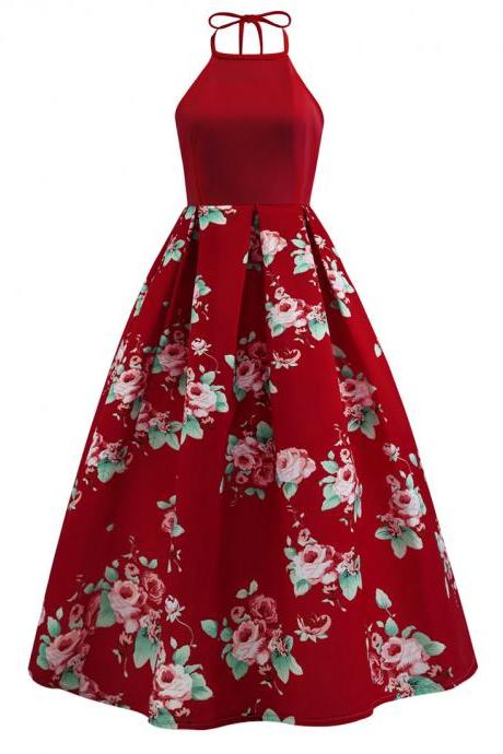 Women Floral Formal Prom Party Dress Big Swing Halter Neck Sleeveless Lady A Line Long Maxi Dress dark red