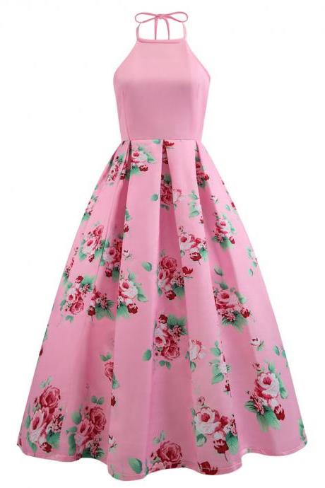 Women Floral Formal Prom Party Dress Big Swing Halter Neck Sleeveless Lady A Line Long Maxi Dress pink