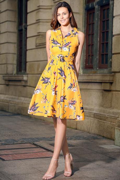 Audrey Hepburn Robe Retro Rockabilly Dress V Neck Belted Knee Length Jurken 50s 60s Swing Floral Printed Pin up Women Casual Vintage Dress C877-yellow