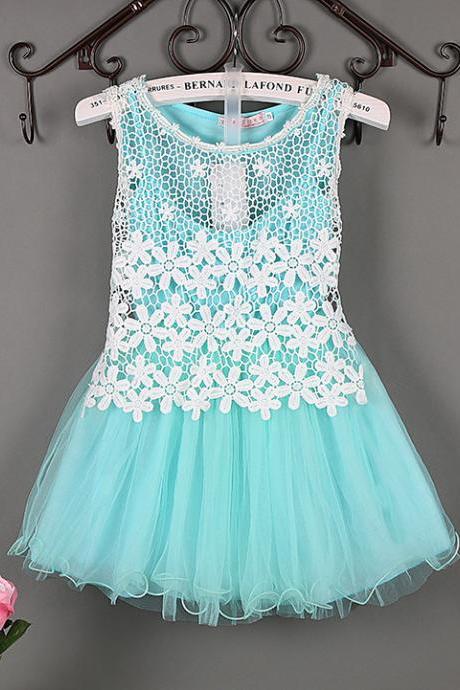 Summer Baby Flower Lace Dress High Quality Princess Girl Dress Kids Children Clothes Tutu Photo Prop aqua