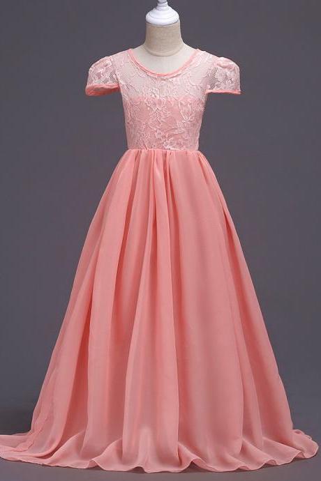 Summer Junior Girls Wedding Dress Cap Sleeve Floor Length Chiffon Princess Party Dresses Children Kids Formal Bridal Dress Coral