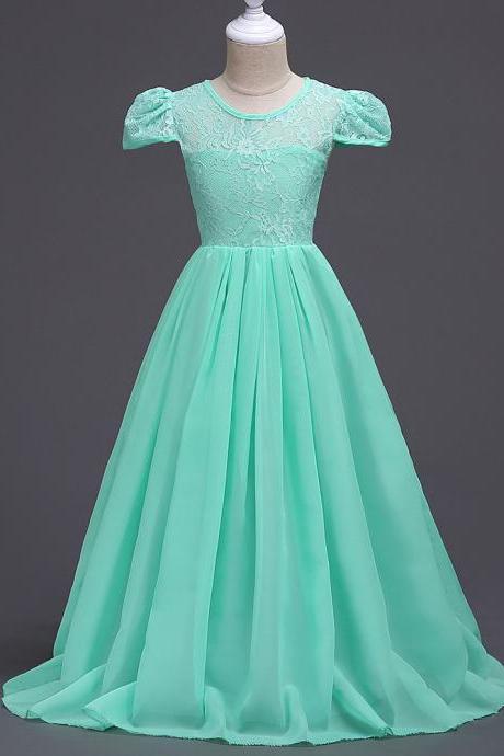 Summer Junior Girls Wedding Dress Cap Sleeve Floor Length Chiffon Princess Party Dresses Children Kids Formal Bridal Dress Mint