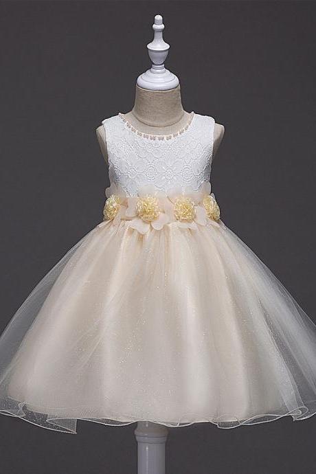 2017 Summer Flower Girls Fancy Beaded Dress Baby Princess Children Evening Party Wedding Tutu Lace Dresses Ball Gown Champagne