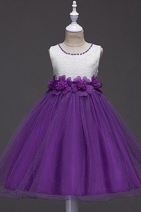 2017 Summer Flower Girls Fancy Beaded Dress Baby Princess Children Evening Party Wedding Tutu Lace Dresses Ball Gown purple