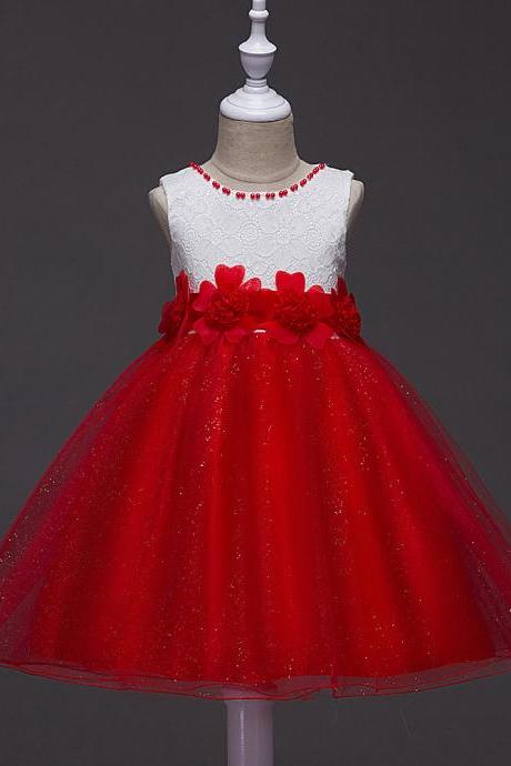 2017 Summer Flower Girls Fancy Beaded Dress Baby Princess Children Evening Party Wedding Tutu Lace Dresses Ball Gown red