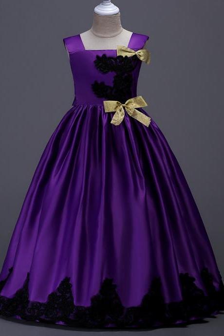 Long Party Pageant Prom Dresses Satin Formal Flower Girl Ball Gown Teens Junior Kids Children Clothes Purple