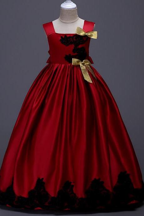 Long Party Pageant Prom Dresses Satin Formal Flower Girl Ball Gown Teens Junior Kids Children Clothes Red