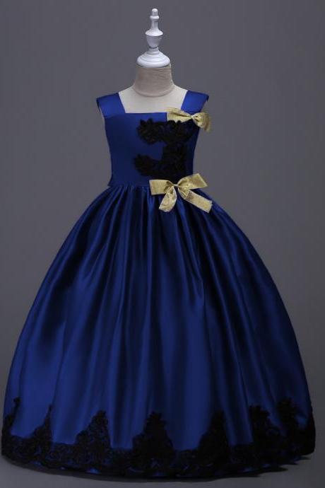 Long Party Pageant Prom Dresses Satin Formal Flower Girl Ball Gown Teens Junior Kids Children Clothes Royal Blue