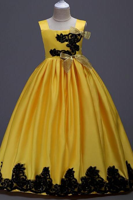 Long Party Pageant Prom Dresses Satin Formal Flower Girl Ball Gown Teens Junior Kids Children Clothes Yellow