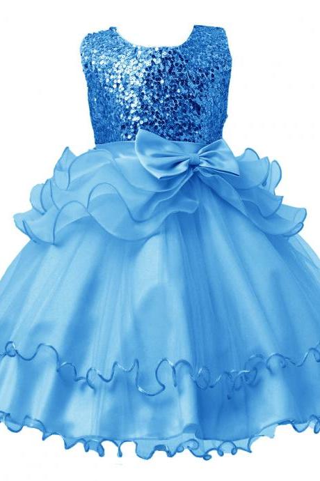 2017 Sequined Party Prom Birthday Dress Kids Ruffled Princess Flower Girls Dress Kids Baby Clothes Blue