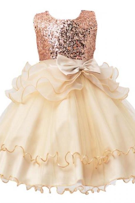 2017 Sequined Party Prom Birthday Dress Kids Ruffled Princess Flower Girls Dress Kids Baby Clothes Champagne