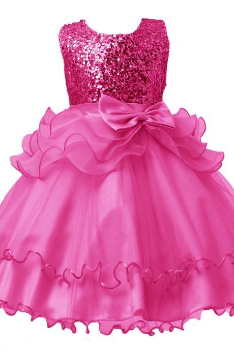 2017 Sequined Party Prom Birthday Dress Kids Ruffled Princess Flower Girls Dress Kids Baby Clothes Hot Pink