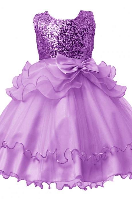 2017 Sequined Party Prom Birthday Dress Kids Ruffled Princess Flower Girls Dress Kids Baby Clothes Lilac