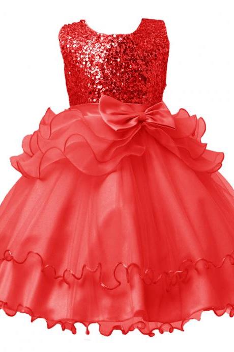 2017 Sequined Party Prom Birthday Dress Kids Ruffled Princess Flower Girls Dress Kids Baby Clothes Red