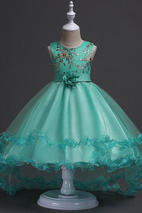 Short Front Long Back High Low Flower Girls Junior Wedding Dresses Kids Trailing Party Prom Gowns Children Clothing aqua
