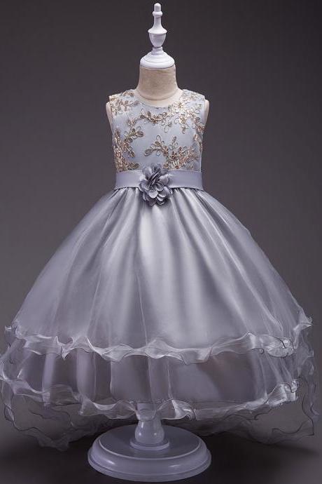 Short Front Long Back High Low Flower Girls Junior Wedding Dresses Kids Trailing Party Prom Gowns Children Clothing gray