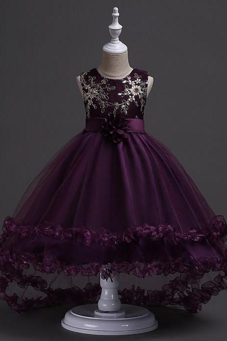 Short Front Long Back High Low Flower Girls Junior Wedding Dresses Kids Trailing Party Prom Gowns Children Clothing plum