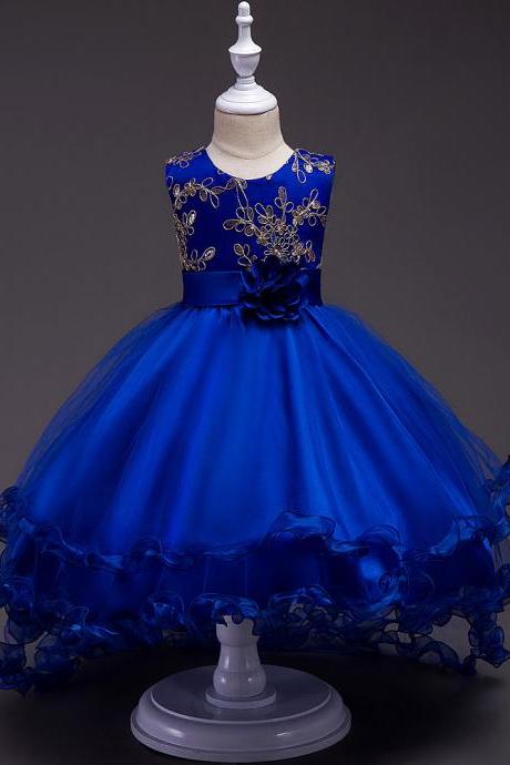 Short Front Long Back High Low Flower Girls Junior Wedding Dresses Kids Trailing Party Prom Gowns Children Clothing royal blue 