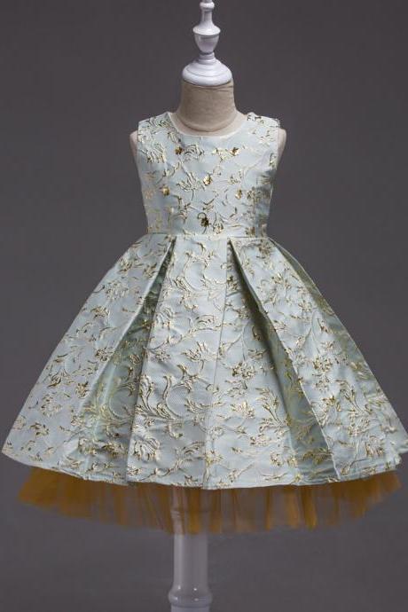 Princess Gilding Embroidery Sleeveless Flower Girl Wedding Party Tutu Dress Baby Kids Children Clothing sage 