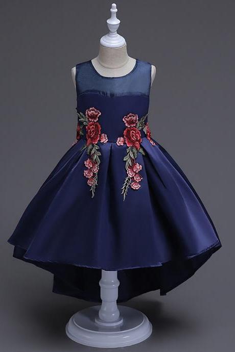 Kids Party Dress Toddler Children Embroidery Flower Trailing High Low Floral Baby Girl Clothes navy blue