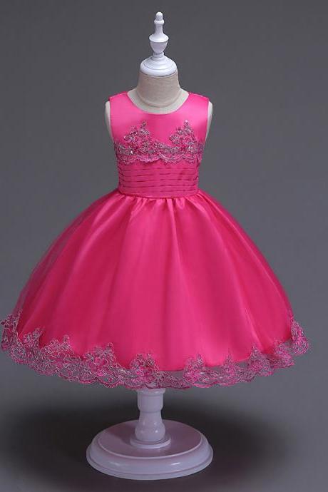 2017 Brand Quality Girls Tutu Dress Embroidery Flower Lace Kids Clothes Princess Prom Party Wear hot pink