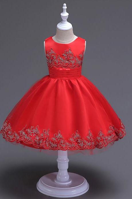 2017 Brand Quality Girls Tutu Dress Embroidery Flower Lace Kids Clothes Princess Prom Party Wear red