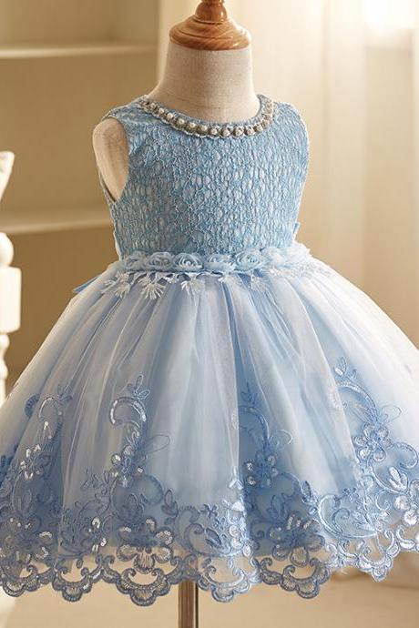 Beaded Embroidery Lace Flower Girl Dresses Sleeveless Wedding Party Tutu Kids Ball Gown Children Clothes baby blue 