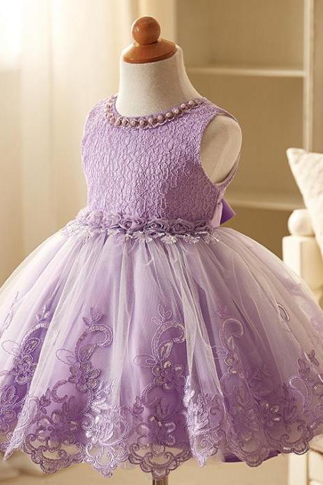 Beaded Embroidery Lace Flower Girl Dresses Sleeveless Wedding Party Tutu Kids Ball Gown Children Clothes lilac