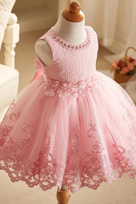 Beaded Embroidery Lace Flower Girl Dresses Sleeveless Wedding Party Tutu Kids Ball Gown Children Clothes pink