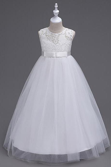 Princess Lace Flowers Girl Dress Summer A Line Prom Party Dress Children Kids Clothing White