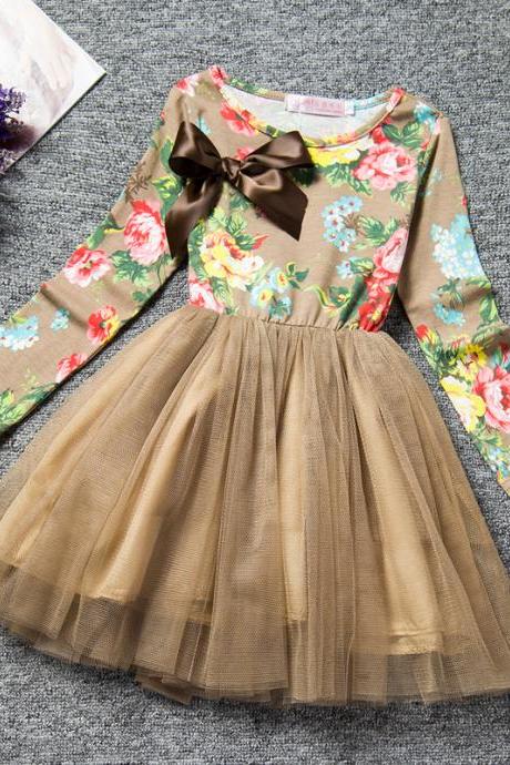 Elegant Toddler Princess Dresses Children Girls Long Sleeve Tutu Floral Print Kids Clothing 3-8 Years gold 